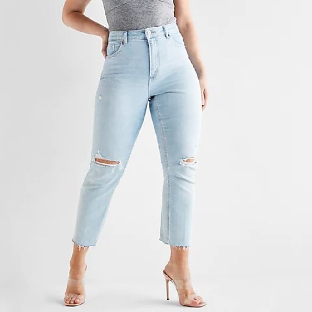 Express Curvy Super High Waisted Ripped Mom Jeans